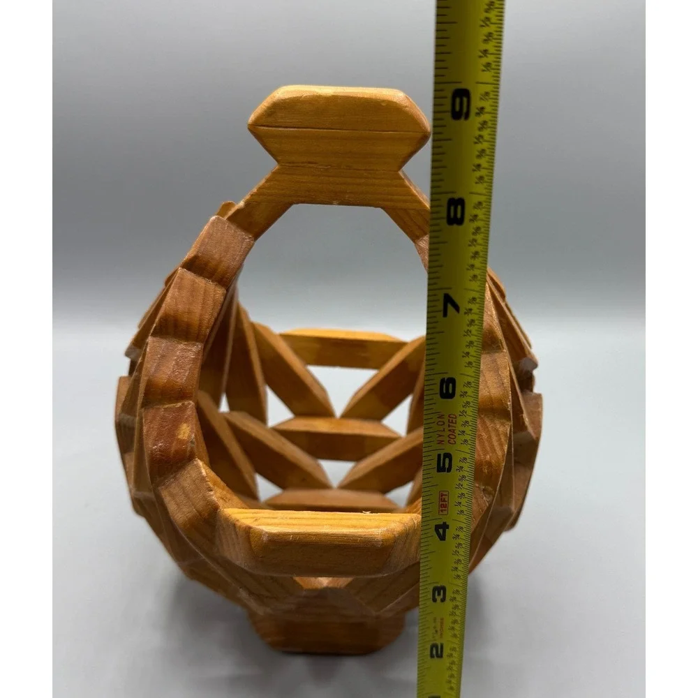 Vintage Folk Art Geometric Interlocking Wood Planter Basket MCM Handle Brown 9in